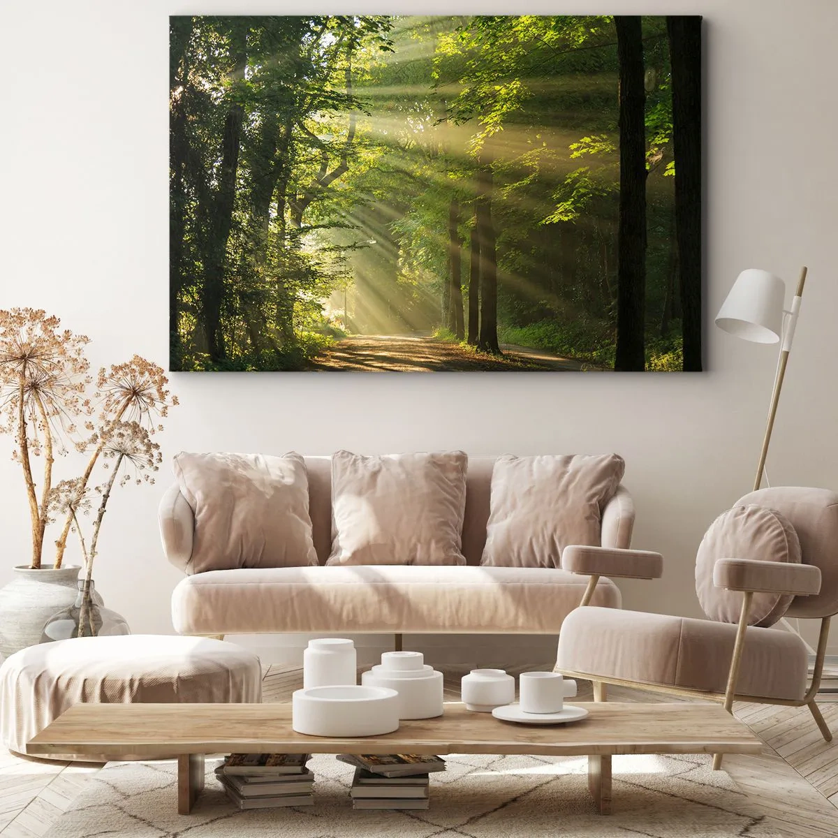 Obraz na plátne - Lesný chodník so slnečnými lúčmi presvietenými cez stromy - 70x50cm - Lesný okamih - Moderná nástenná dekorácia do obývacej izby a spálne ARTTOR