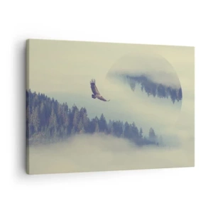 Obraz na plátne - Orol za letu na pozadí hmlistých hôr s umeleckým kruhovým motívom - 70x50cm - Videla som tieň orla - Moderná nástenná dekorácia do obývacej izby a spálne ARTTOR