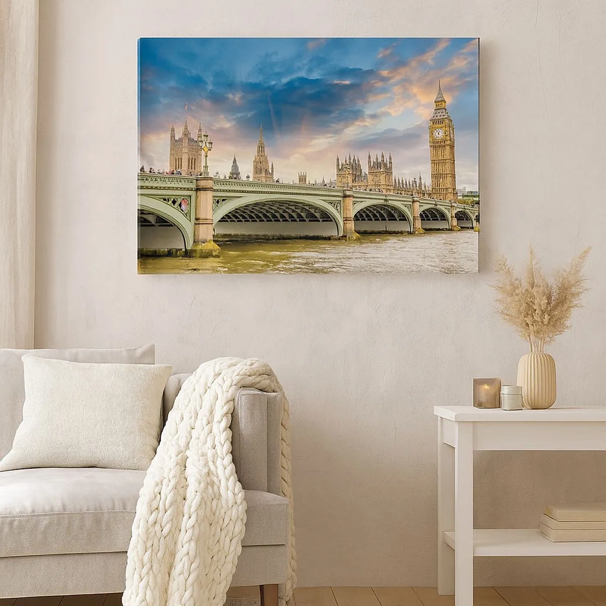 Obraz na plátne - Big Ben a Westminsterský most proti oblohe za súmraku - 70x50cm - Čas sa zastavil v Impériu - Moderná nástenná dekorácia do obývacej izby a spálne ARTTOR