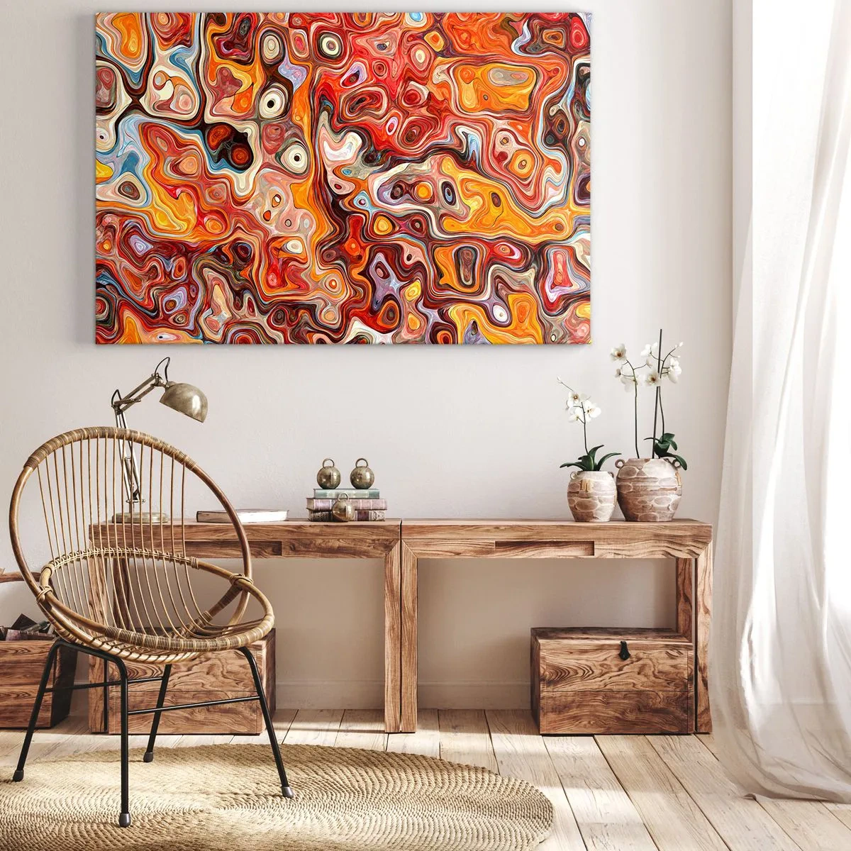 Obraz na plátne - Abstraktná kompozícia v teplých odtieňoch červenej, oranžovej a žltej. - 70x50cm - Keby sa orechy rozpúšťali v mede - Moderná nástenná dekorácia do obývacej izby a spálne ARTTOR