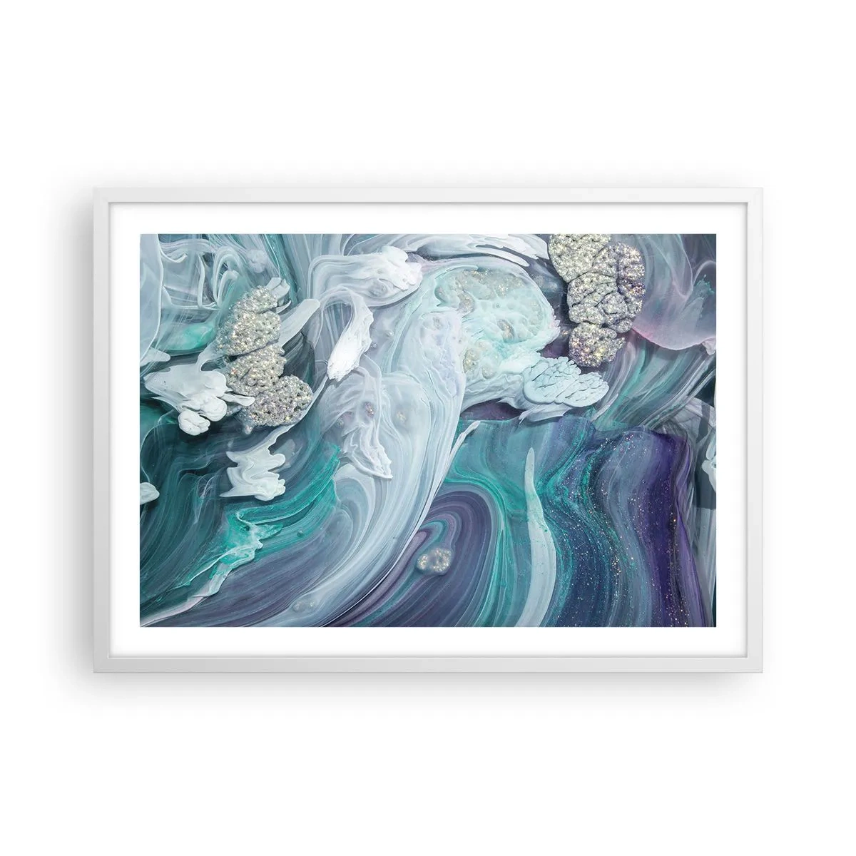 Plagát v bielom ráme - Prúdy modrej - 70x50 cm