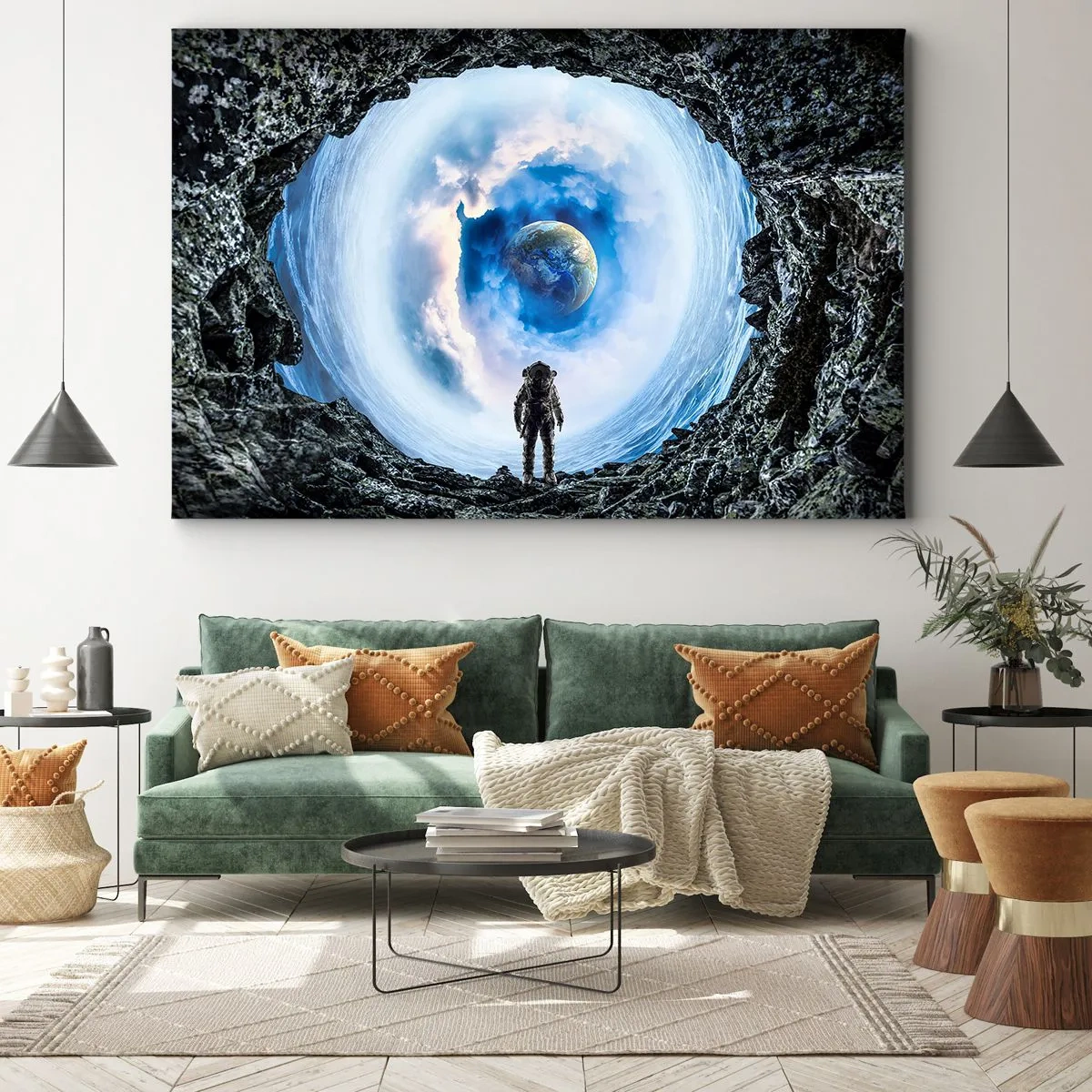 Obraz na plátne - Astronaut na pozadí vesmírnej krajiny so Zemou v pozadí - 70x50cm - Už blízko domova - Moderná nástenná dekorácia do obývacej izby a spálne ARTTOR