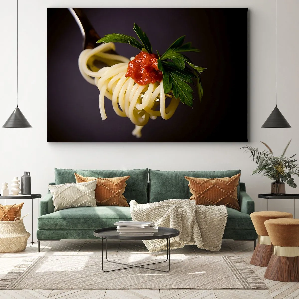 Obraz na plátne - Špagety na vidličke s paradajkovou omáčkou a petržlenovou vňaťou - 70x50cm - Chutný kúsok - Moderná nástenná dekorácia do obývacej izby a spálne ARTTOR