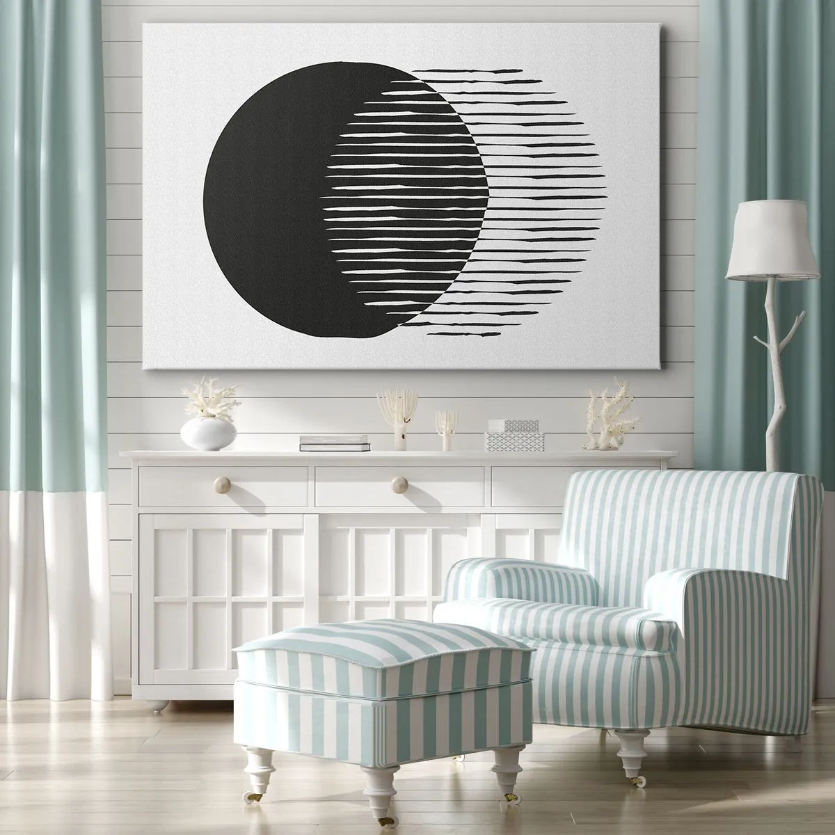 Obraz na plátne - Dva prekrývajúce sa kruhy s čiernymi a bielymi čiarami - 70x50cm - Jeho alter ego - Moderná nástenná dekorácia do obývacej izby a spálne ARTTOR