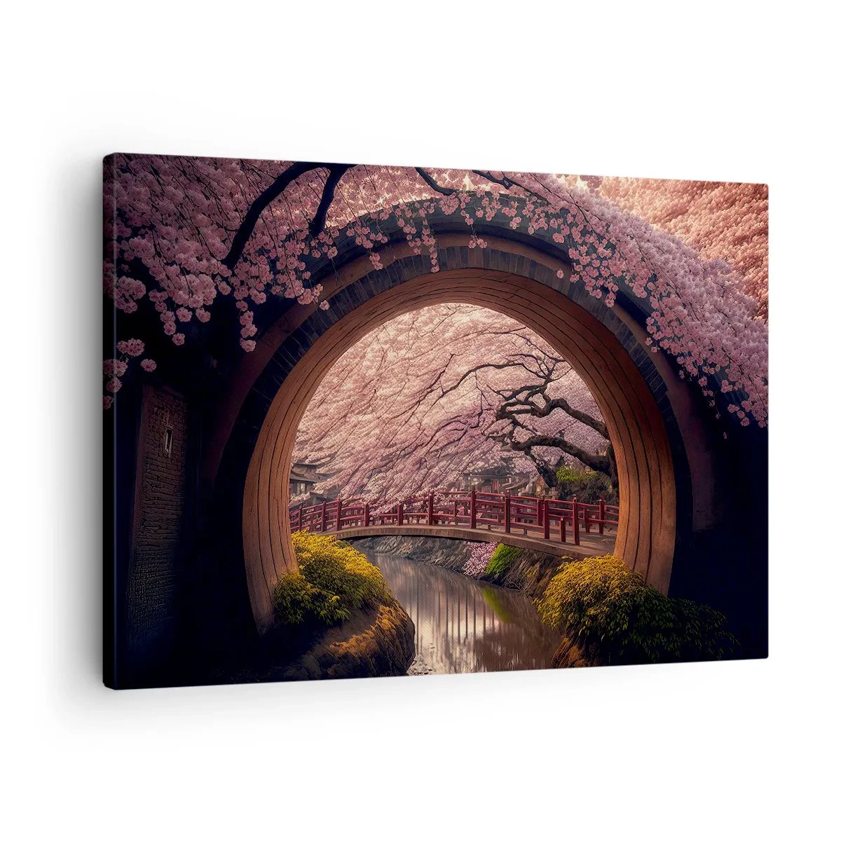 Obraz na plátne - Tradičný japonský most obklopený čerešňovými kvetmi - 70x50cm - Japonská jar - Moderná nástenná dekorácia do obývacej izby a spálne ARTTOR