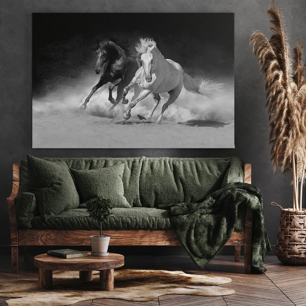 Obraz na plátne - Bežiace kone v čiernej a bielej farbe - 70x50cm - Cval slobody - Moderná nástenná dekorácia do obývacej izby a spálne ARTTOR