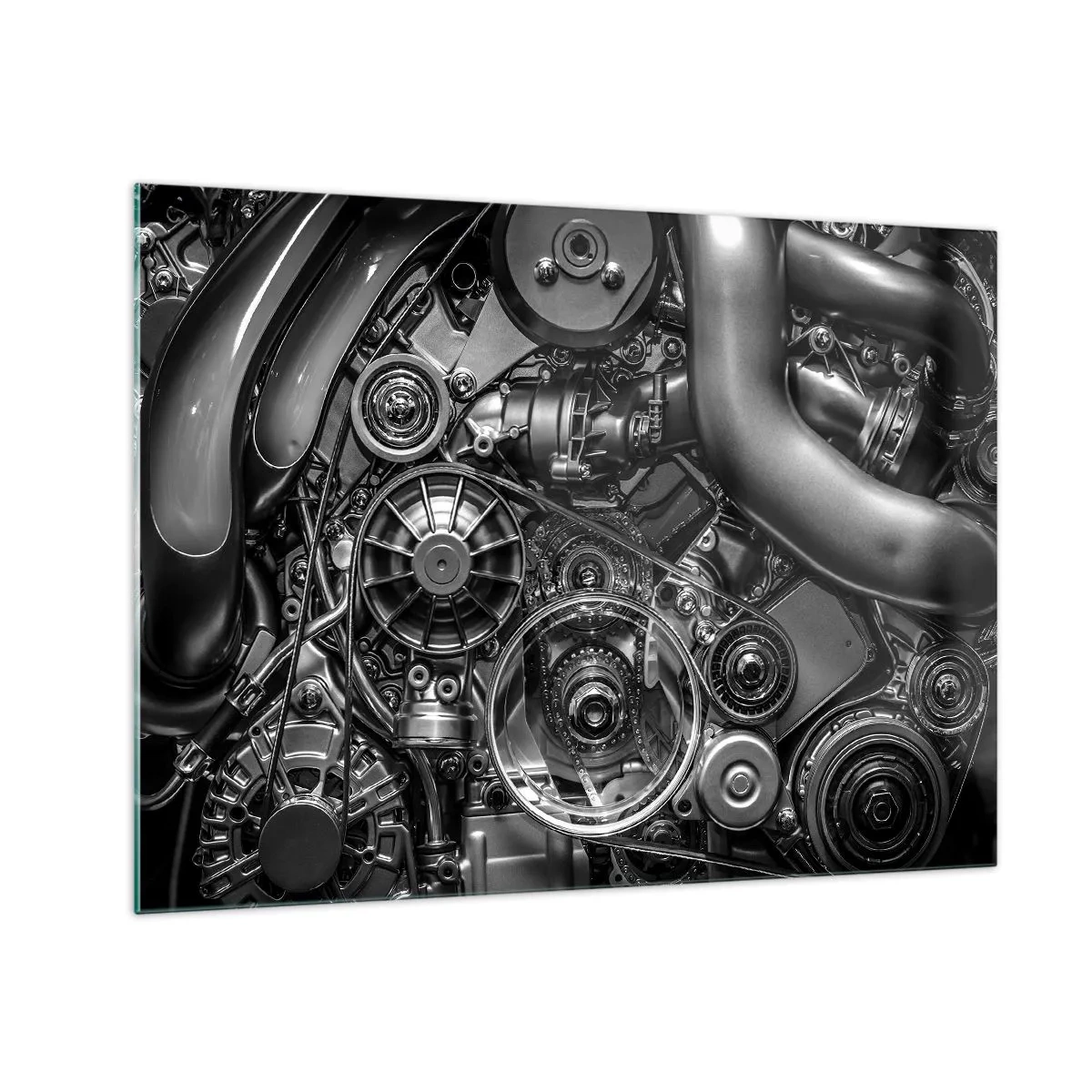 Obraz na skle - Detail čiernobieleho motora s viditeľnými mechanizmami - 70x50cm - Poézia mechaniky - Moderná nástenná dekorácia do obývacej izby a spálne ARTTOR
