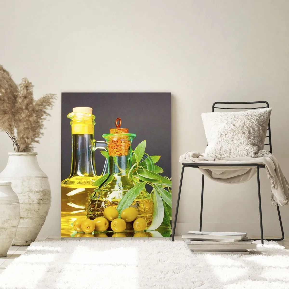 Obraz na skle - Zátišie s olivami a olejom - 50x70 cm