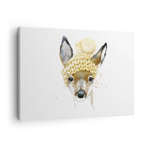 Obraz na plátne - Akvarelový jeleň v žltej čiapke - 70x50cm - V zime v snežnom lese - Moderná nástenná dekorácia do obývacej izby a spálne ARTTOR