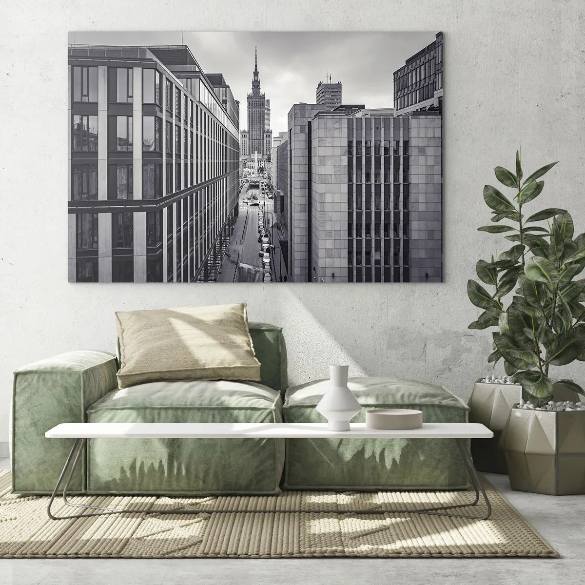 Obraz na skle - Čiernobiely výhľad na mesto s mrakodrapmi a ulicou - 70x50cm - Varšavské údolie - Moderná nástenná dekorácia do obývacej izby a spálne ARTTOR