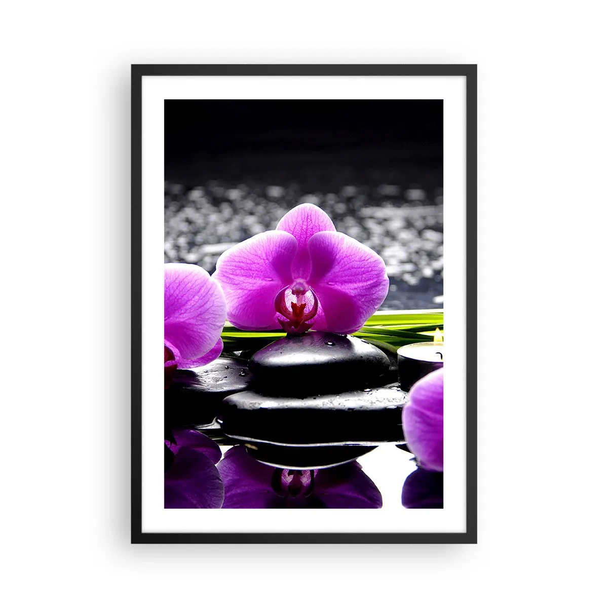 Plagát v čiernom ráme - Fialová orchidea na pozadí kameňov a vody v prostredí pripomínajúcom kúpele - 50x70cm - Utopiť v tichu a pokoji - Moderná nástenná dekorácia do obývacej izby a spálne ARTTOR