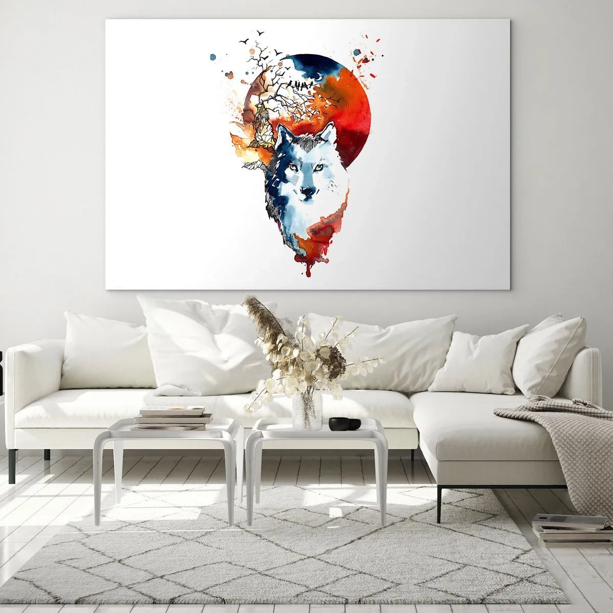 Obraz na skle - Ilustrácia vlka s splnom v pozadí - 70x50cm - Nosom na skle - Moderná nástenná dekorácia do obývacej izby a spálne ARTTOR