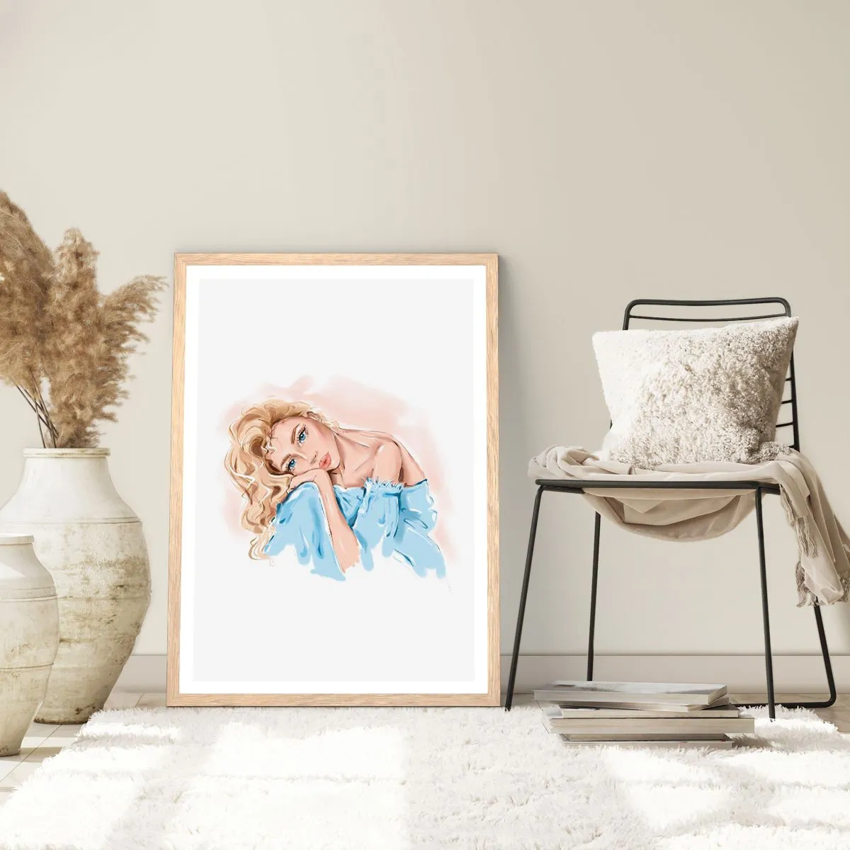 Plagát v ráme zo svetlého duba - Zasnená v modrej - 30x40 cm