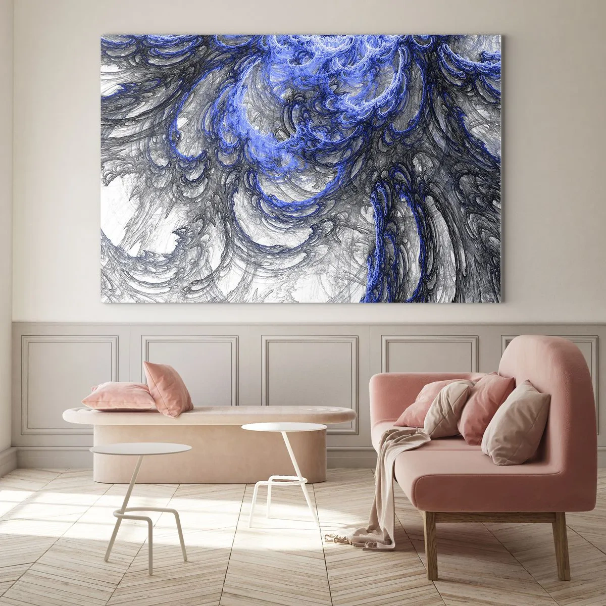 Obraz na skle - Dynamická abstrakcia v odtieňoch modrej a sivej - 70x50cm - Zrod vlny - Moderná nástenná dekorácia do obývacej izby a spálne ARTTOR