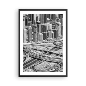 Plagát v čiernom ráme - Panoráma mesta s cestnou sieťou v čiernobielom štýle - 50x70cm - Dubaj – neskutočné mesto - Moderná nástenná dekorácia do obývacej izby a spálne ARTTOR