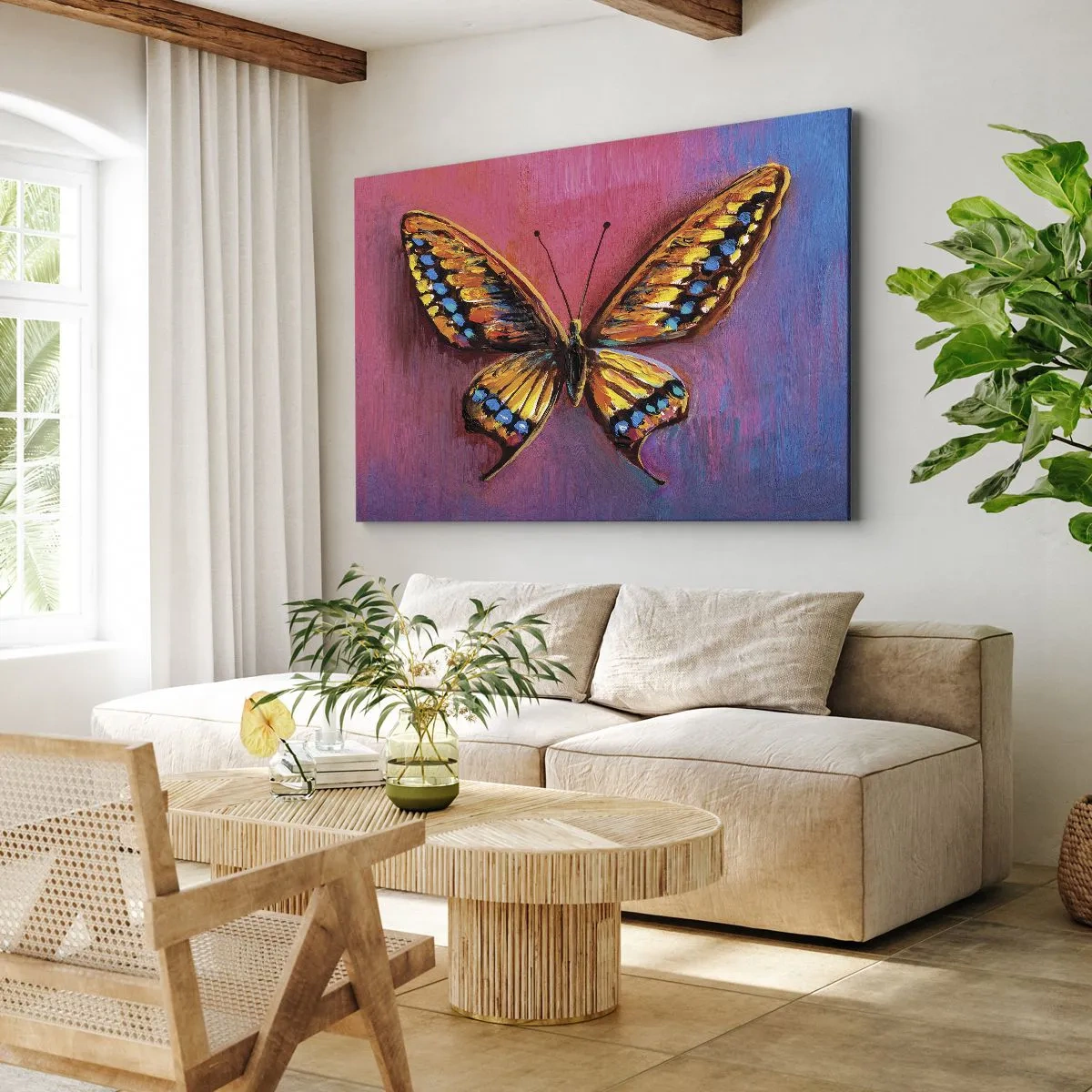 Obraz na plátne - Farebný motýľ na abstraktnom pozadí - 70x50cm - Klenot prírody - Moderná nástenná dekorácia do obývacej izby a spálne ARTTOR