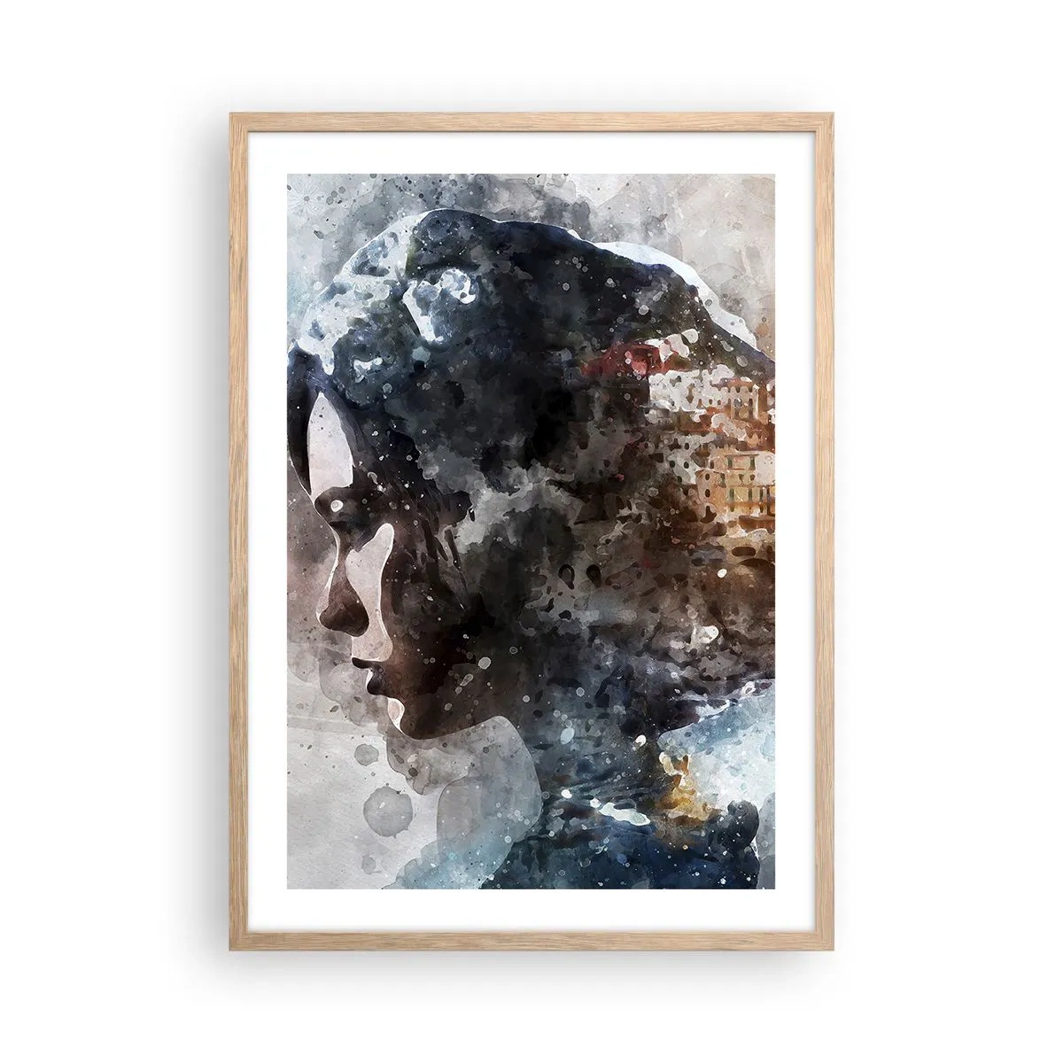 Plagát v ráme zo svetlého duba - Príbeh o dievčati s mestom v pozadí - 50x70 cm