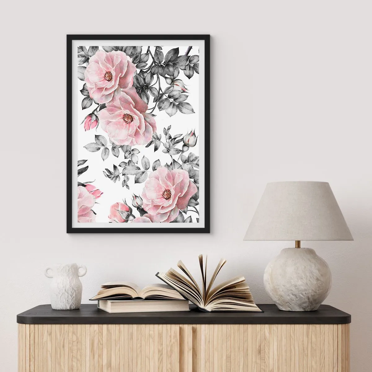 Plagát v čiernom ráme - Ružové ruže na pozadí čiernych a bielych listov - 50x70cm - Stratiť sa v kvetoch ruží - Moderná nástenná dekorácia do obývacej izby a spálne ARTTOR