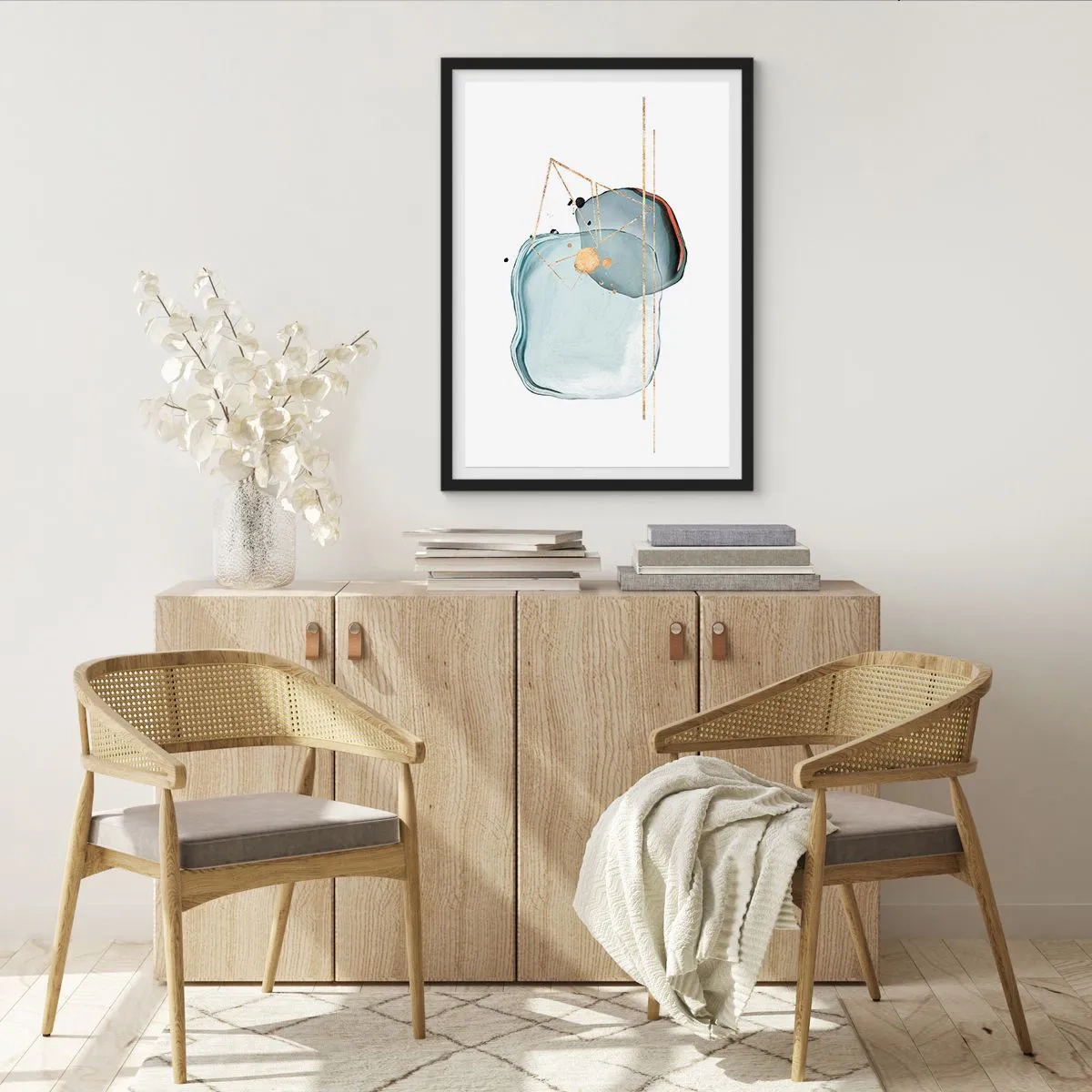 Plagát v čiernom ráme - Abstraktná akvarelová kompozícia s geometrickým zlatým vzorom - 50x70cm - Štúdia kvapky - Moderná nástenná dekorácia do obývacej izby a spálne ARTTOR