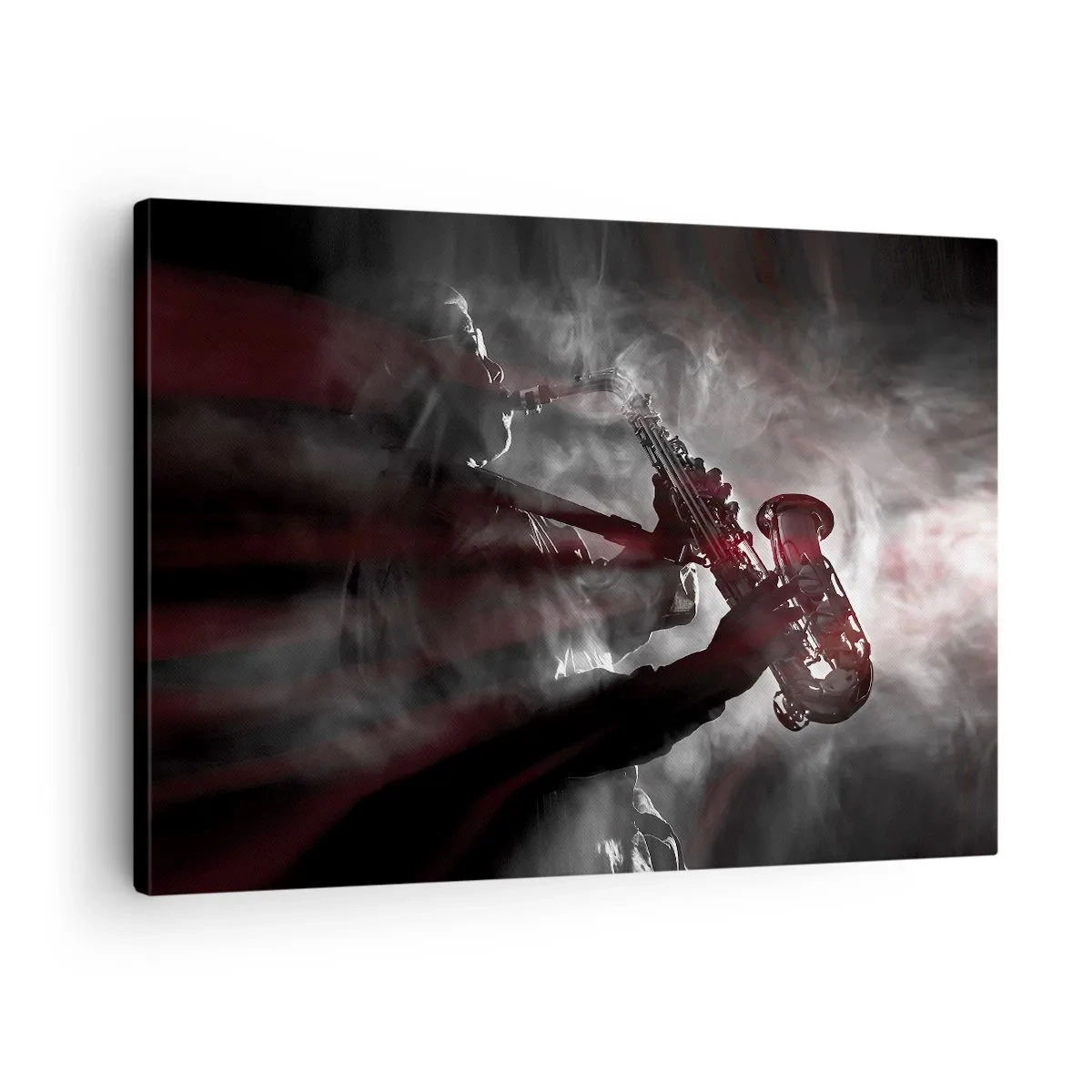 Obraz na plátne - Saxofonista v dyme na pódiu v atmosférickej čiernej a červenej farbe - 70x50cm - V oparoch jazzu - Moderná nástenná dekorácia do obývacej izby a spálne ARTTOR