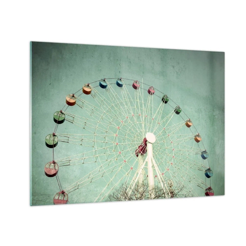 Obraz na skle - Farebné ruské koleso na pastelovo zelenom pozadí - 70x50cm - Pozývame vás na zábavu - Moderná nástenná dekorácia do obývacej izby a spálne ARTTOR