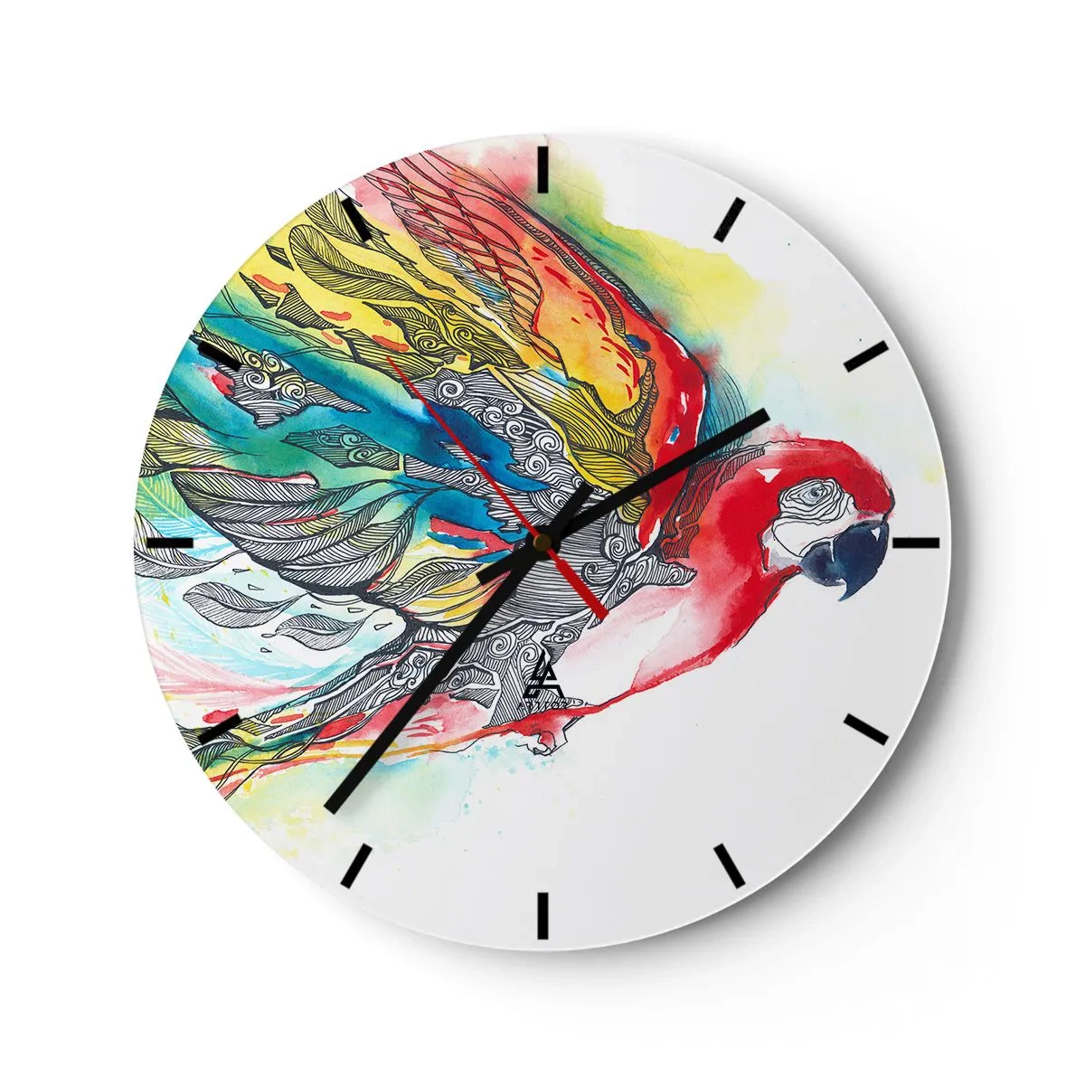 Nástenné hodiny - Papagáj v intenzívnych farbách s ozdobnými vzormi na krídlach - 30x30cm - Ži farebne - Moderná nástenná dekorácia do obývacej izby, kuchyne a spálne ARTTOR
