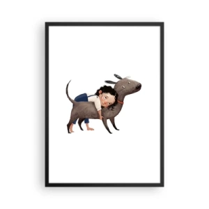 Plagát v čiernom ráme - Ilustrácia dieťaťa objímajúceho psa na bielom pozadí - 50x70cm - Najlepší priatelia - Moderná nástenná dekorácia do obývacej izby a spálne ARTTOR