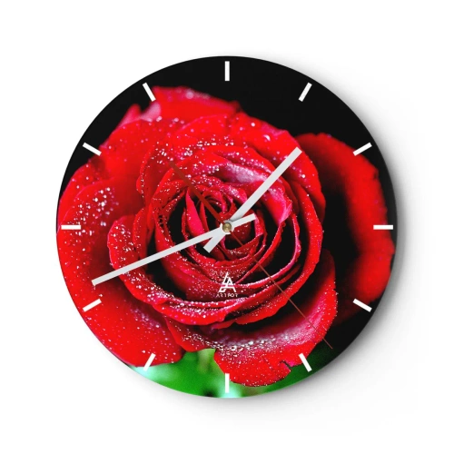 Nástenné hodiny - Červená ruža pokrytá kvapkami rosy - 30x30cm - To je práve láska - Moderná nástenná dekorácia do obývacej izby, kuchyne a spálne ARTTOR