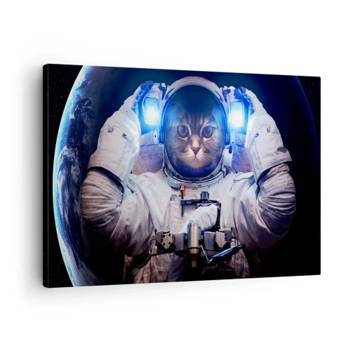 Obraz na plátne - Mačka v astronautickom obleku so Zemou v pozadí a jasným svetlom. - 70x50cm - Houston, máte problém - Moderná nástenná dekorácia do obývacej izby a spálne ARTTOR