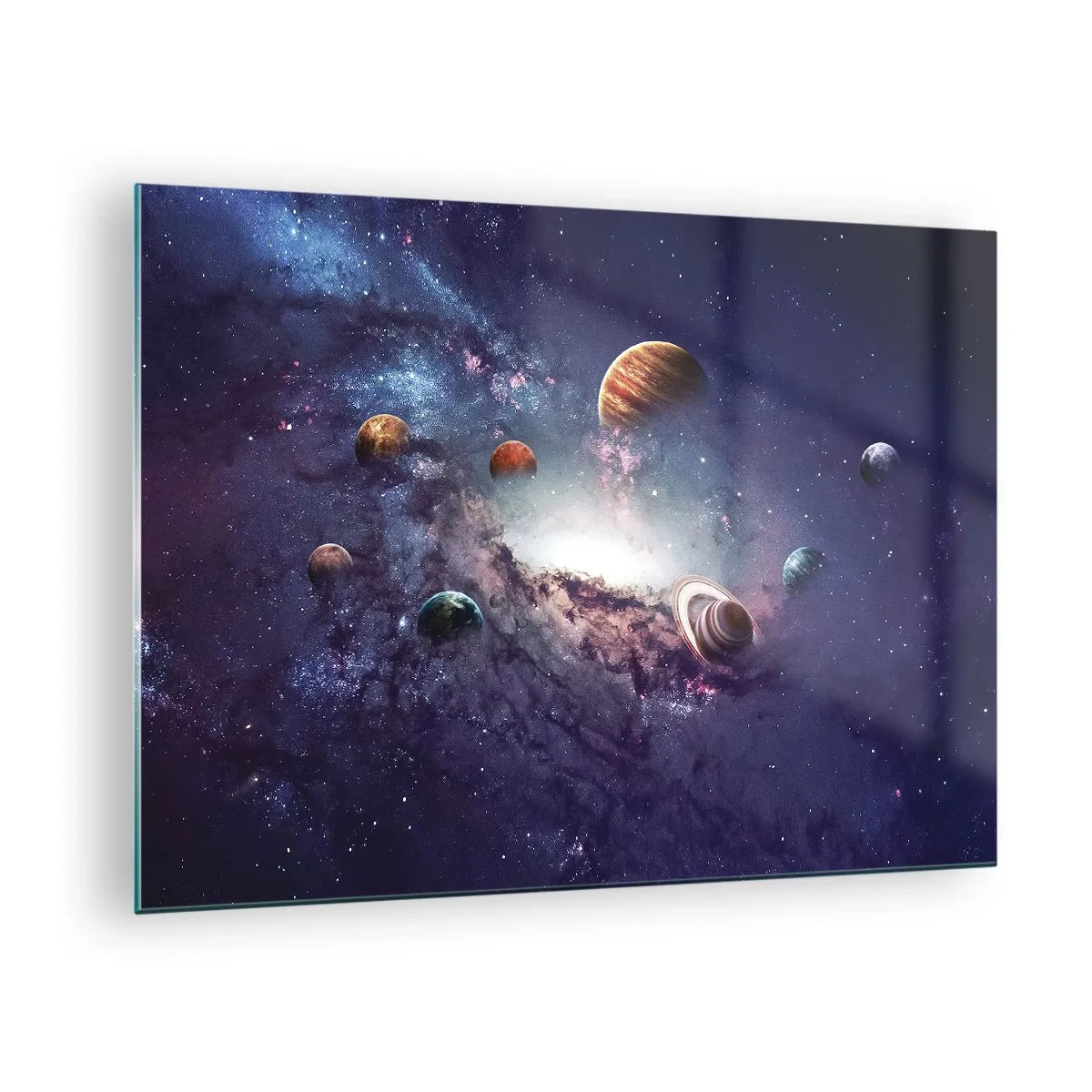 Obraz na skle - Fantastická vízia planét otáčajúcich sa vo vesmíre - 70x50cm - Slnko a tanec - Moderná nástenná dekorácia do obývacej izby a spálne ARTTOR