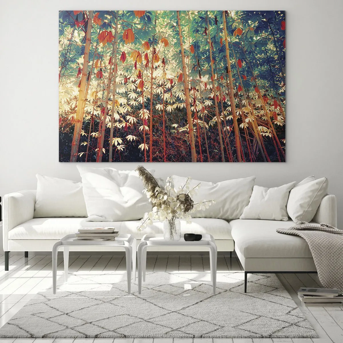 Obraz na skle - Farebný bambusový les s teplým osvetlením - 70x50cm - Tajný život listov - Moderná nástenná dekorácia do obývacej izby a spálne ARTTOR