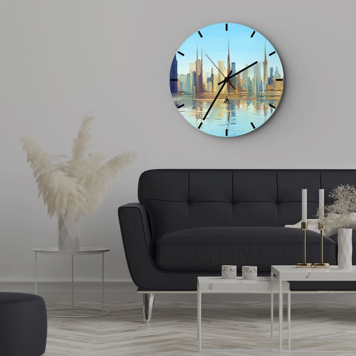Nástenné hodiny - Panoráma mesta sa odráža vo vode v jasných tónoch - 30x30cm - Slnečná metropola - Moderná nástenná dekorácia do obývacej izby, kuchyne a spálne ARTTOR