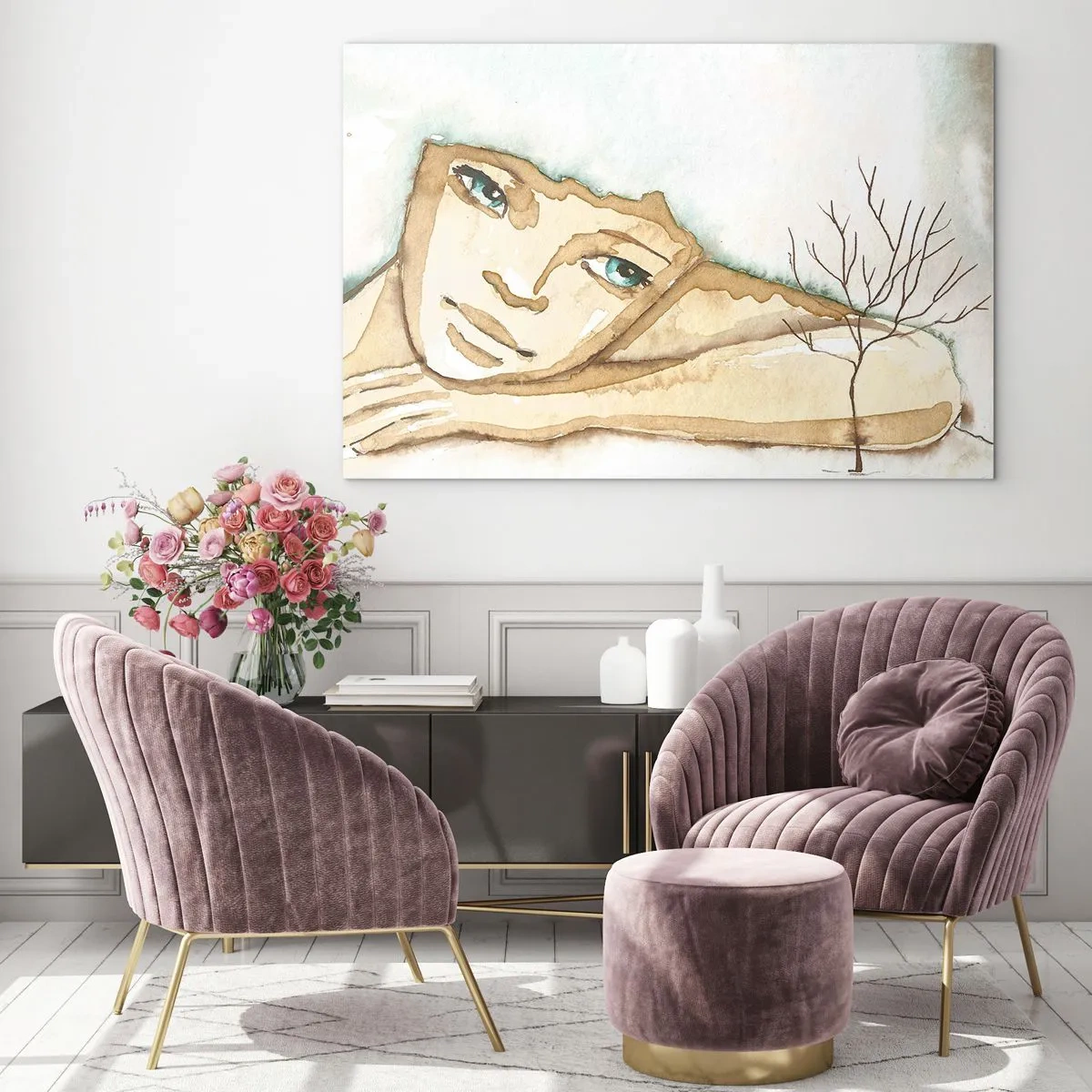 Obraz na skle - Jemná postava ženy so stromom na pozadí akvarelových farieb - 70x50cm - Strom poézie vyrastá z ticha - Moderná nástenná dekorácia do obývacej izby a spálne ARTTOR
