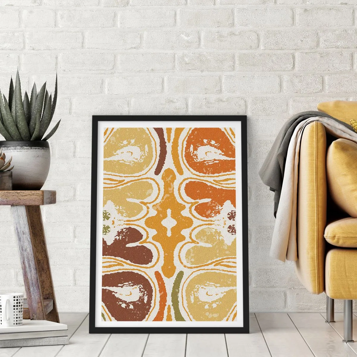 Plagát v čiernom ráme - Symetrická abstrakcia v teplých zemitých tónoch - 50x70cm - Sentimentálna abstrakcia - Moderná nástenná dekorácia do obývacej izby a spálne ARTTOR