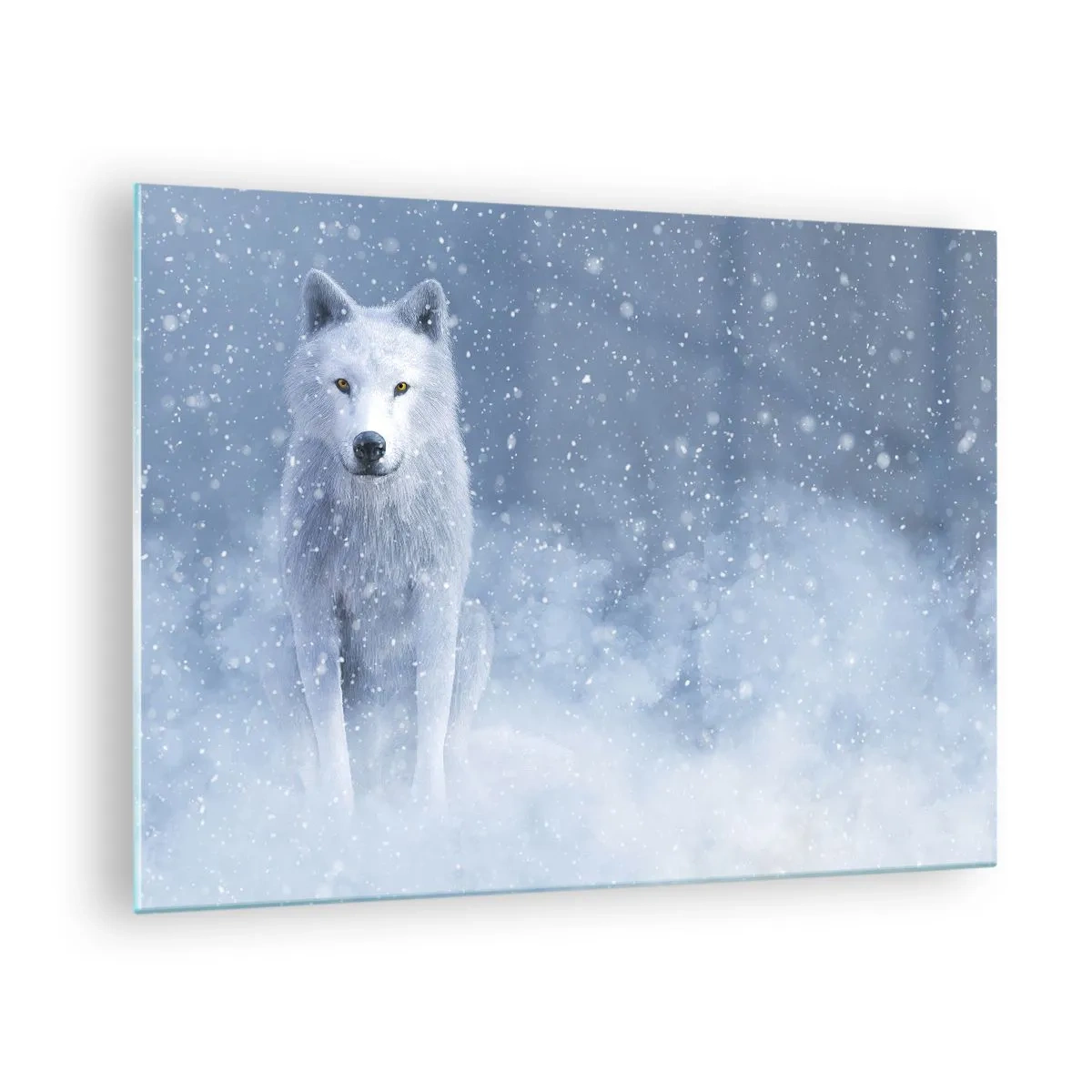 Obraz na skle - Biely vlk v snehovej búrke hľadiaci priamo pred seba - 70x50cm - V zimnom duchu - Moderná nástenná dekorácia do obývacej izby a spálne ARTTOR