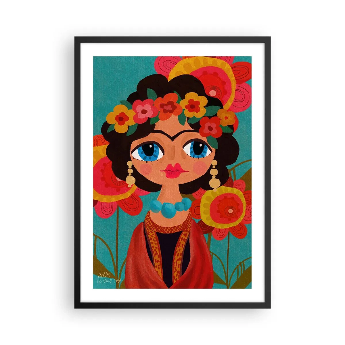 Plagát v čiernom ráme - Farebný portrét ženy v ľudovom štýle a kvetinová koruna - 50x70cm - O dievčatku Makovičke - Moderná nástenná dekorácia do obývacej izby a spálne ARTTOR
