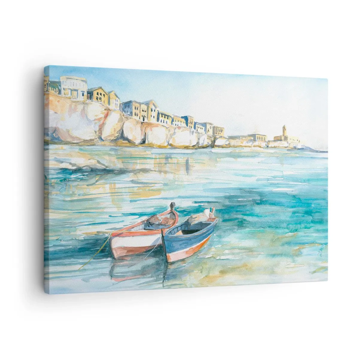 Obraz na plátne - Malebná prímorská krajina s loďkami na vode - 70x50cm - Krajina v modrej - Moderná nástenná dekorácia do obývacej izby a spálne ARTTOR