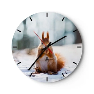 Nástenné hodiny - Veverička v snehu v zimnej krajine - 30x30cm - Čo sa tak pozeráš? - Moderná nástenná dekorácia do obývacej izby, kuchyne a spálne ARTTOR