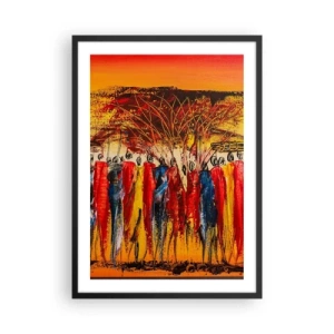 Plagát v čiernom ráme - Abstraktná africká scéna so žiarivými farbami - 50x70cm - Tam, tam, tam, tam idú - Moderná nástenná dekorácia do obývacej izby a spálne ARTTOR