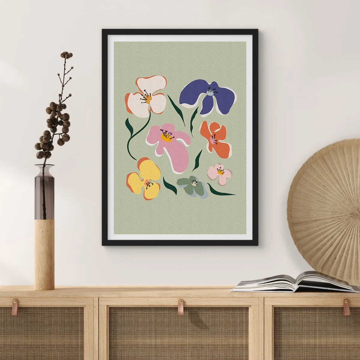 Plagát v čiernom ráme - Farebné kvety na zelenom pozadí v umeleckom štýle - 50x70cm - Fialky - Moderná nástenná dekorácia do obývacej izby a spálne ARTTOR
