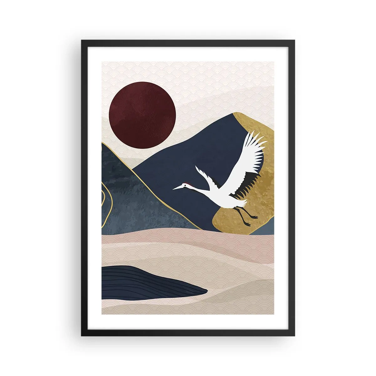 Plagát v čiernom ráme - Minimalistická grafika so žeriavom a horskou krajinou - 50x70cm - Opäť ubehol ďalší deň - Moderná nástenná dekorácia do obývacej izby a spálne ARTTOR