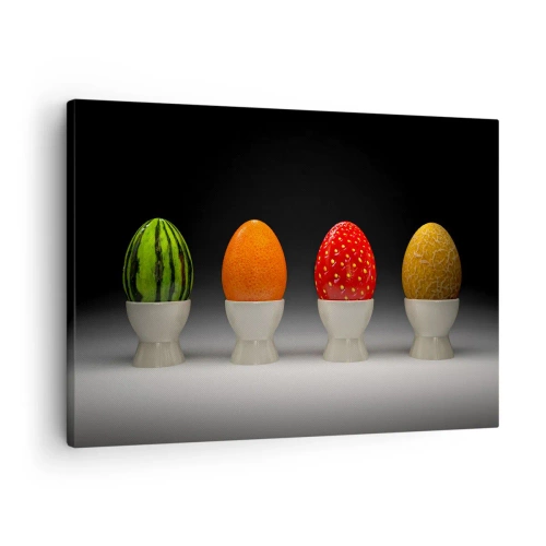 Obraz na plátne - Farebné vajíčka pripomínajúce ovocie na tmavom pozadí - 70x50cm - Ovocné raňajky - Moderná nástenná dekorácia do obývacej izby a spálne ARTTOR