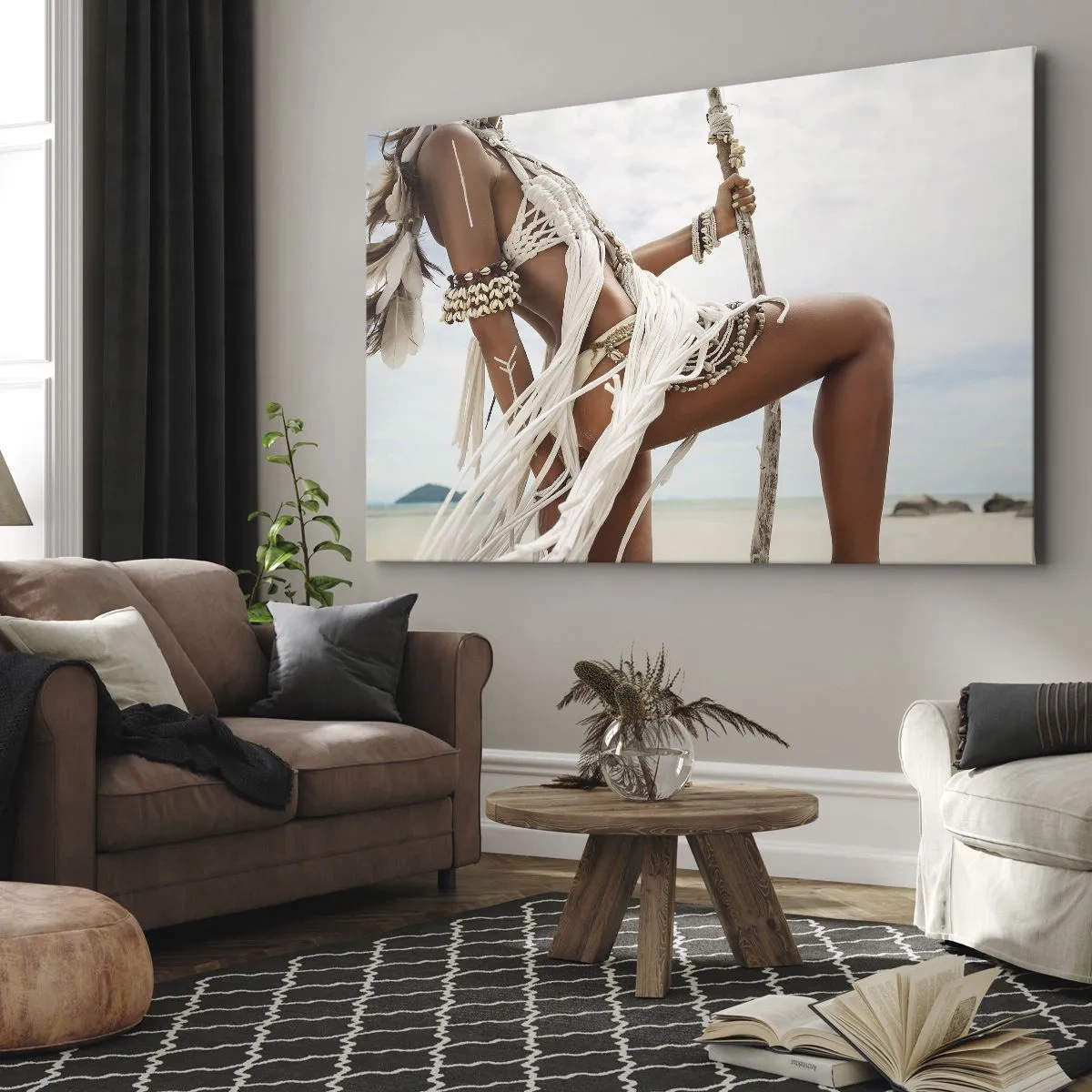 Obraz na plátne - Ženská postava v etnických ornamentoch a oblečení na pozadí tropickej krajiny. - 70x50cm - Kňažka slnka - Moderná nástenná dekorácia do obývacej izby a spálne ARTTOR