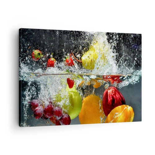 Obraz na plátne - Farebné ovocie vo vode počas dynamického ponorenia - 70x50cm - Ovocné osvieženie - Moderná nástenná dekorácia do obývacej izby a spálne ARTTOR