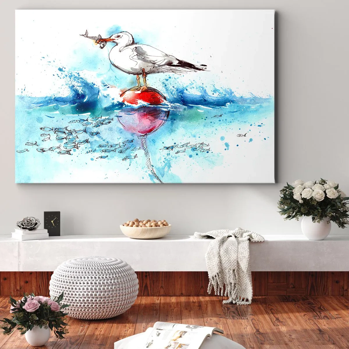 Obraz na plátne - Čajka na bóji s rybou v pozadí v akvarelovom štýle - 70x50cm - Vydarený rybolov - Moderná nástenná dekorácia do obývacej izby a spálne ARTTOR