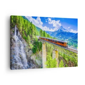 Obraz na plátne - Horská dráha na moste s výhľadom na vodopád a hory - 70x50cm - Alpská železnica - Moderná nástenná dekorácia do obývacej izby a spálne ARTTOR