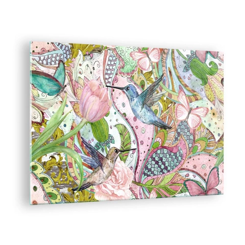 Obraz na skle - Farebné kolibríky medzi kvetmi a motýľmi - 70x50cm - Zamotané do lián - Moderná nástenná dekorácia do obývacej izby a spálne ARTTOR