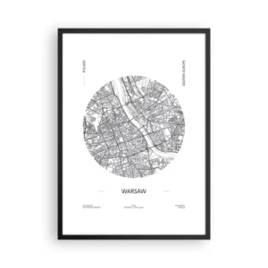 Plagát v čiernom ráme - Minimalistická mapa Varšavy v kruhu - 50x70cm - Anatómia Varšavy - Moderná nástenná dekorácia do obývacej izby a spálne ARTTOR