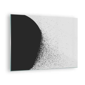 Obraz na skle - Abstrakcia rozpadajúcej sa čiernej hmoty na bielom pozadí - 70x50cm - Pohyb častíc - Moderná nástenná dekorácia do obývacej izby a spálne ARTTOR