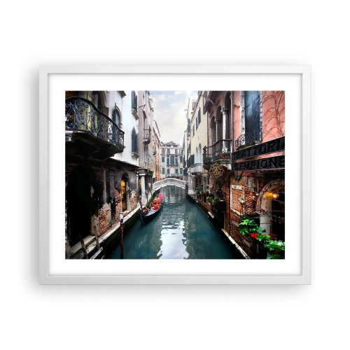 Plagát v bielom ráme - Benátska krajina s gondolou a mostíkom - 50x40 cm